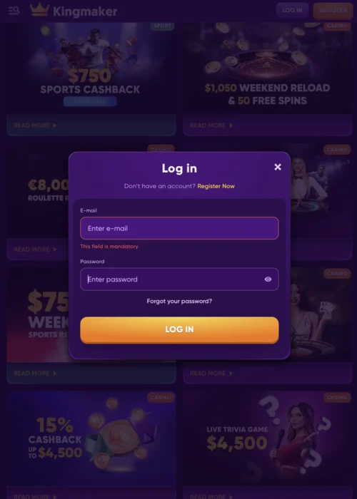 Logging in Kingmaker Casino